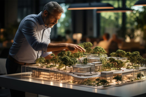 Man leaning over a model of a city