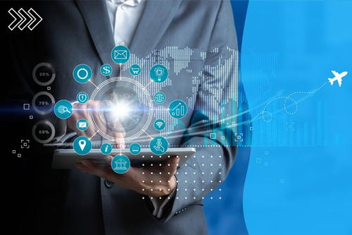 Man holding a tablet with learning related icons around