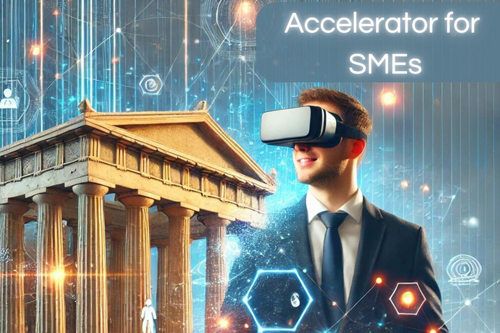 AI graphic of a man wearing VR glasses in ancient environment, surrounded by digital symbols and icons