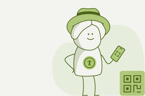 A stick figure with accessibility sign on his shirt holding a smartphone and scanning the QR code, placed on bottom right.