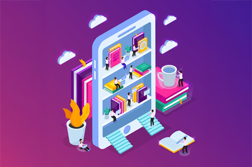 A graphic of a smarphone with shelves holding different books, representing a digital library.