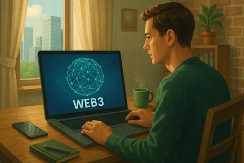 An illustration of a man sitting in front of a laptop with Web3 written on the screen.